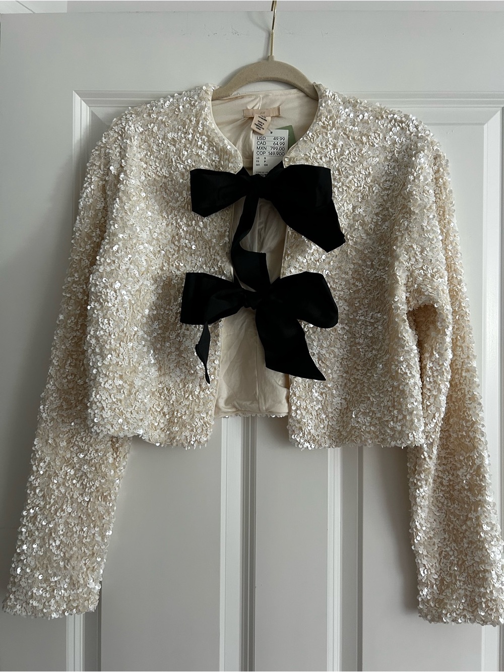H&M Cream Sequin Cropped Jacket with Black Bow Ties